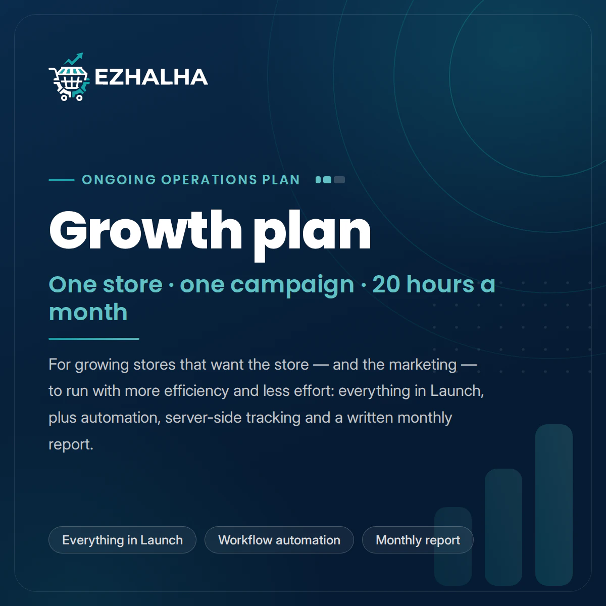 Ezhalha Growth plan — everything in Launch, plus workflow automation, server-side tracking, technical SEO and one managed campaign