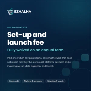 Set-up and launch fee — a one-off payment made when any plan begins, covering the foundational work that does not repeat monthly, waived entirely on an annual term